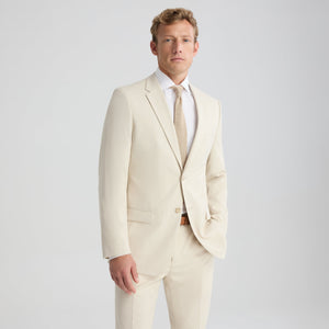 Men's light suit jacket with notched lapels, two-button front, and flap pockets