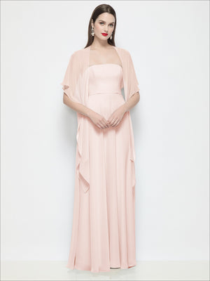 Dusty pink chiffon flounce cape over long sleeveless gown with draped waist