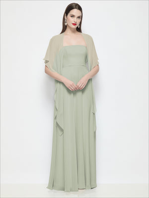Chiffon flounce cape dress in sage green, square neckline with loose cape sleeves
