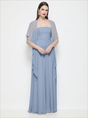 Chiffon flounce cape dress in dusty blue, square neckline with loose cape sleeves