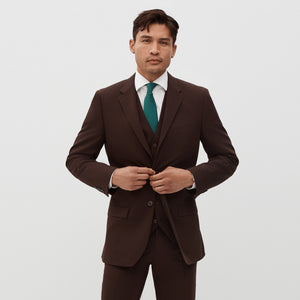 Brown men's suit jacket, front view with notch lapels and two-button closure
