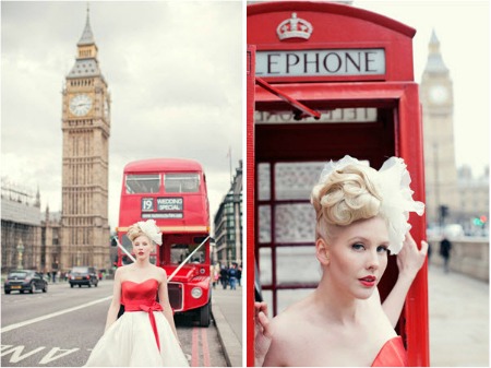 London bride bride by red double decker bus in London