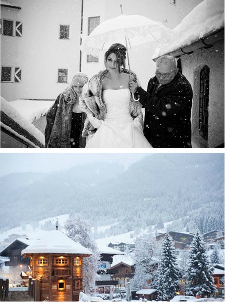 bride in snowy Alpine village bride in snowy Alpine village