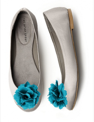 Bridesmaid ballet flats from Dessy White ballet flats with blue rosettes