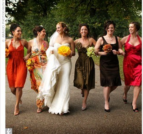 Autumn colour bridesmaid dresses via The Knot Autumn coloured bridesmaid dresses