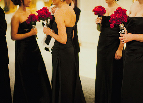 January wedding Bridesmaids in black dresses at January wedding