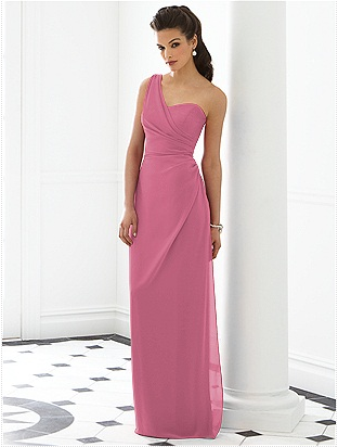 Dessy one shouldered pink chiffon bridesmaid dress