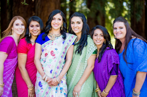 Fusion wedding Bride in floral sari with bridesmaids at fusioni wedding