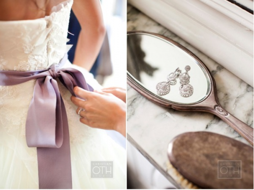 Via Style Me Pretty Bride with purple sash on wedding dress