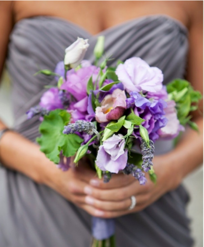 Via Style Me Pretty Bridesmaid flowers with purple and grey wedding theme