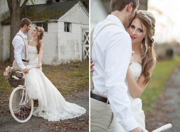 vintage pink wedding bride and groom on bike