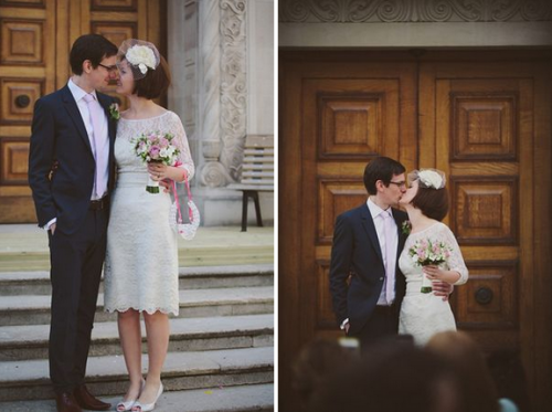 bride in short lace wedding dress