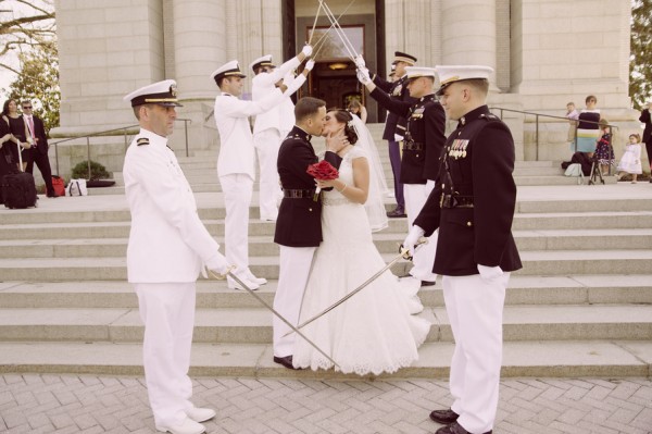 military bridegroom kissing bride