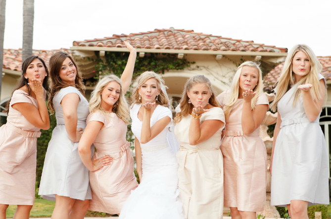 Grey, pink and white bridesmaids dresses from Dessy