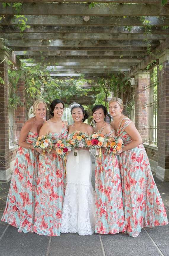 pink floral print bridesmaid dresses