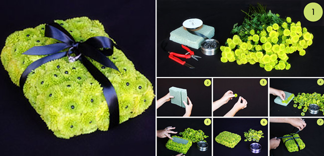 green mums flower adorned ring bearer pillow